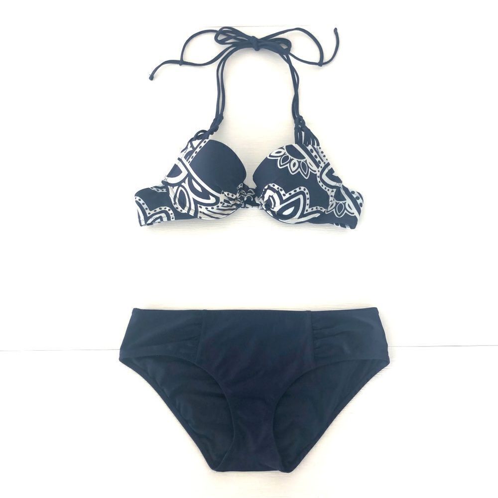 Navy & White Bikini Set Swimsuit with Structured Top & Moderate Coverage Bottom